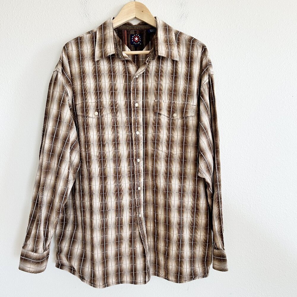 Panhandle Slim Shirt Brown Plaid Pearl Snap Long Sleeve Western Rodeo